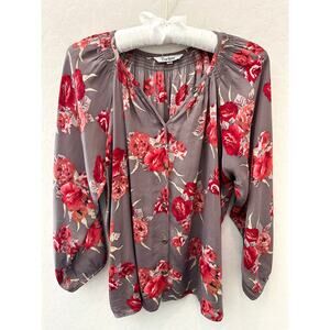 TUCKER | 100% Silk Floral Blouse Gray Red Rose Print Boho Peasant Top | Size P